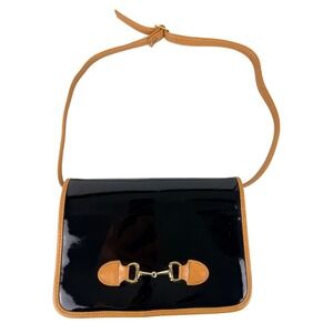 Vintage Black Patent Leather Horsebit Crossbody Bag Tan - BK